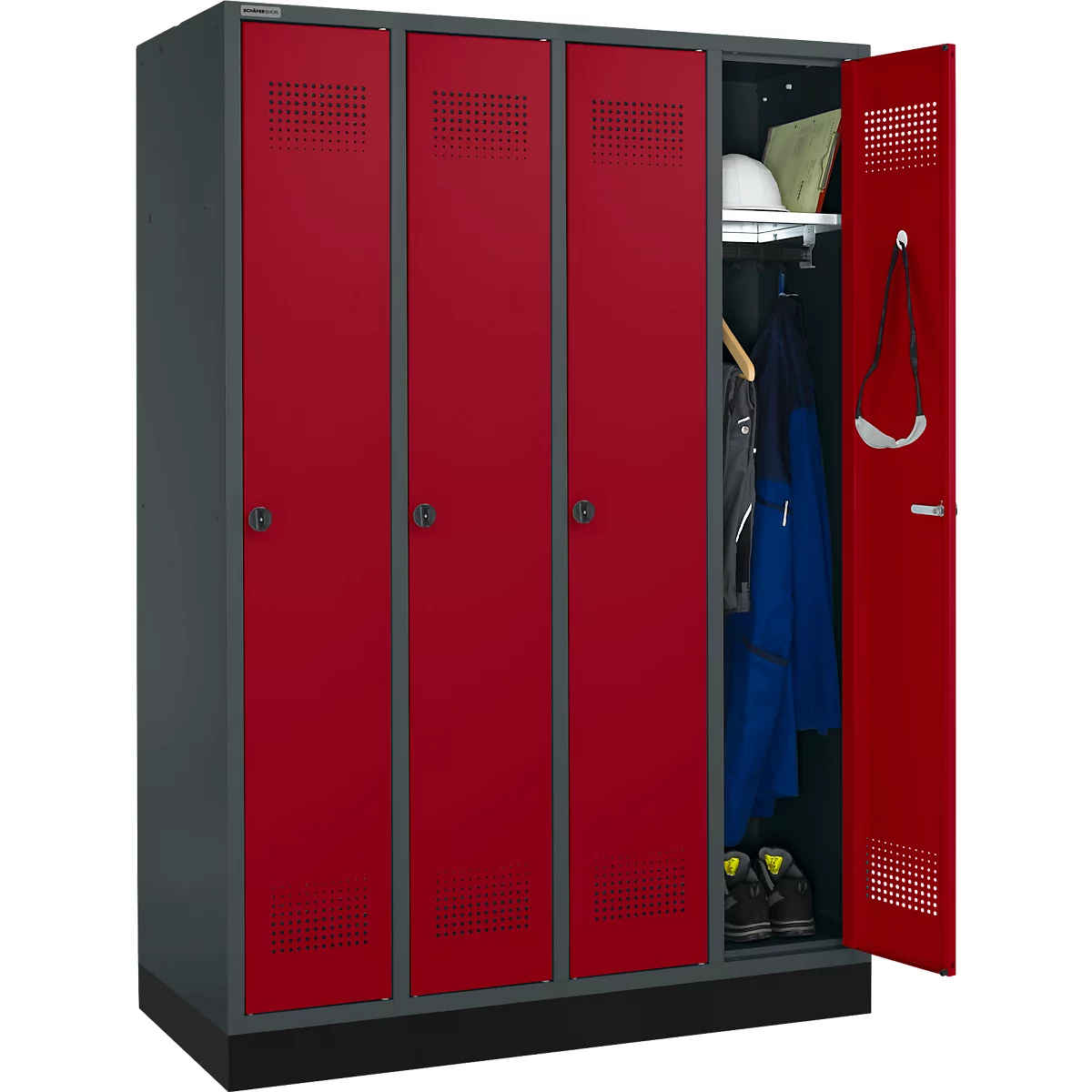 Schäfer Shop Genius Kleiderspind mit Sockel, 4 Abteile, Drehriegelverschluss, antzhrazit/rot