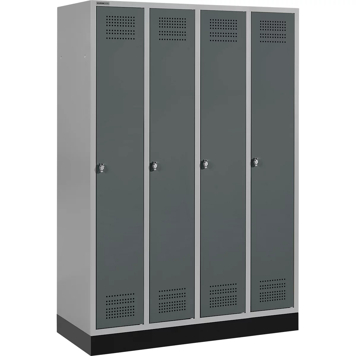 Schäfer Shop Genius Kleiderspind mit Sockel, 4 Abteile, Drehriegelverschluss, weißaluminium/anthrazit