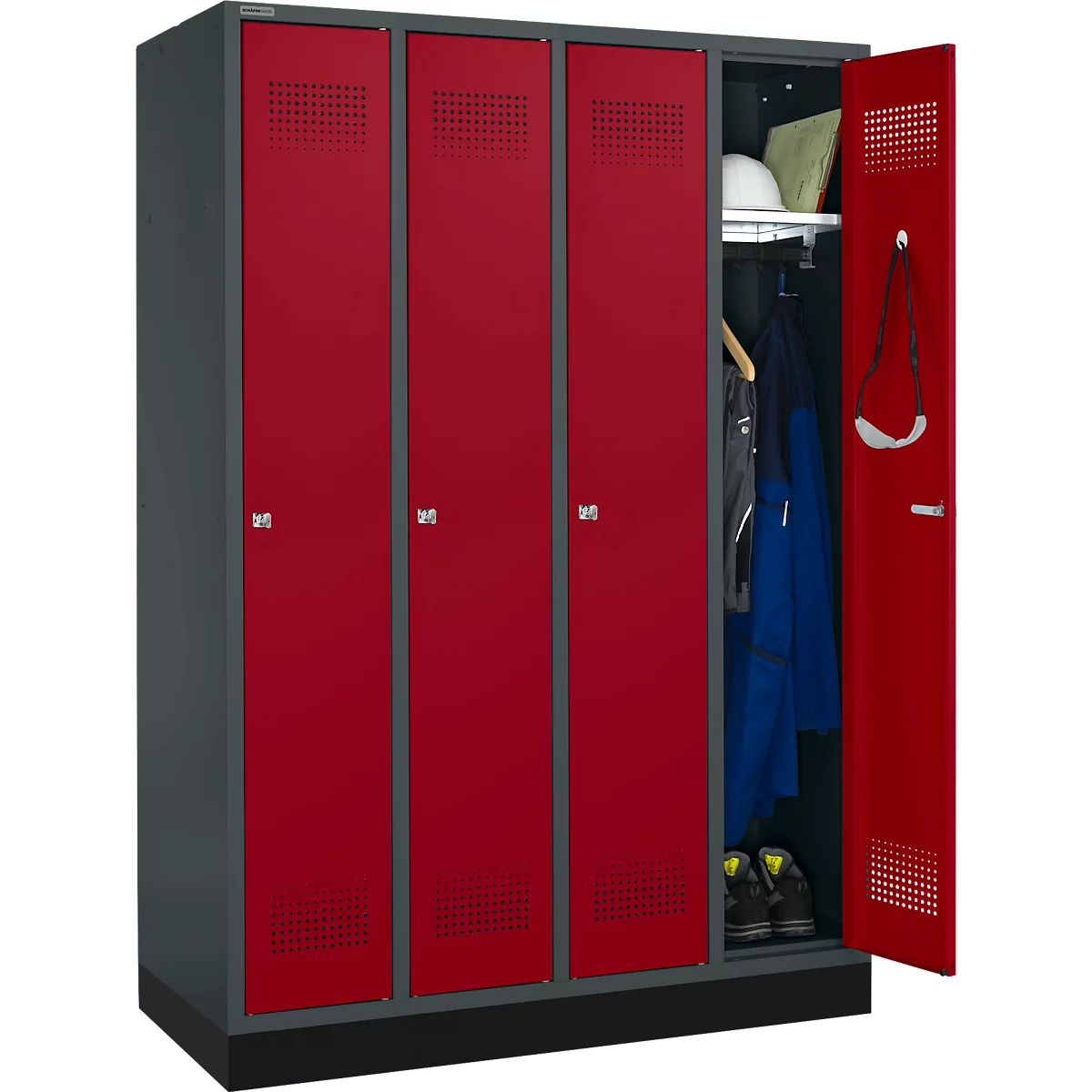 Schäfer Shop Genius Kleiderspind mit Sockel, 4 Abteile, Zylinderschloss, anthrazit/rot
