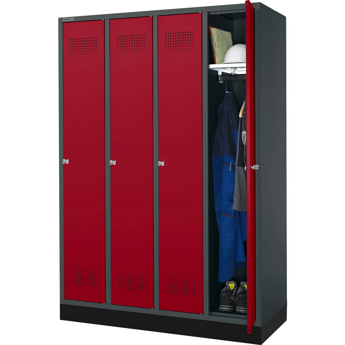 Schäfer Shop Genius Kleiderspind mit Sockel, 4 Abteile, Zylinderschloss, anthrazit/rot