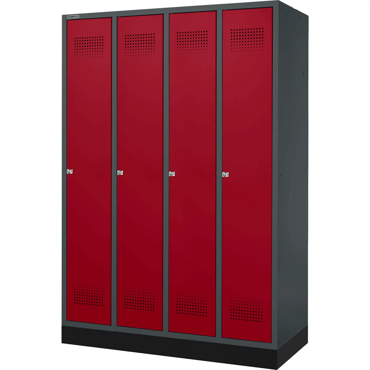 Schäfer Shop Genius Kleiderspind mit Sockel, 4 Abteile, Zylinderschloss, anthrazit/rot