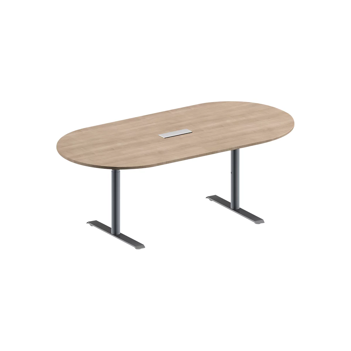 Schäfer Shop Genius Konferenztisch MODENA FLEX, 3-fach Anschluss, Oval, T-Fuß Rundrohr, B 2000 x T 1000 x H 650-850 mm, Eiche-Dekor/weißalu