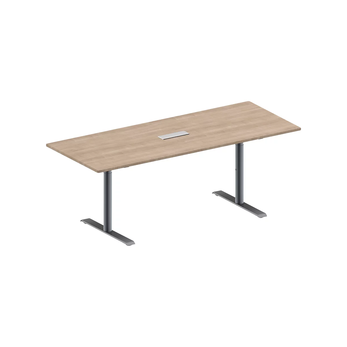 Schäfer Shop Genius Konferenztisch MODENA FLEX, 3-fach Anschluss, Rechteck, T-Fuß Rundrohr, B 2000 x T 800 x H 650-850 mm, Eiche-Dekor/weißalu