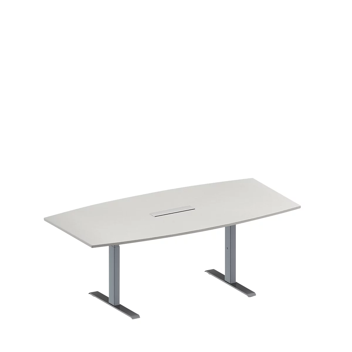 Schäfer Shop Genius Konferenztisch MODENA FLEX, 6-fach Anschluss, Boot, T-Fuß Rechteckrohr, B 2000 x H 650-850 mm, lichtgrau/weißalu