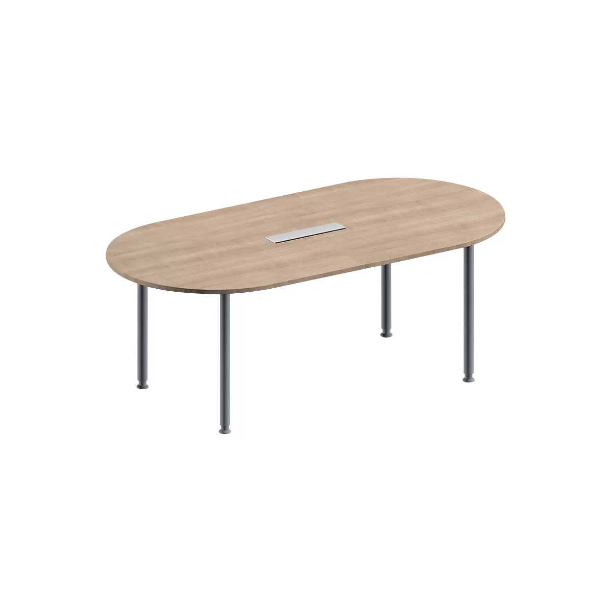 Schäfer Shop Genius Konferenztisch MODENA FLEX, 6-fach Anschluss, Oval, 4-Fuß Rundrohr, B 2000 x T 1000 x H 720-840 mm, Eiche Dekor/weißalu