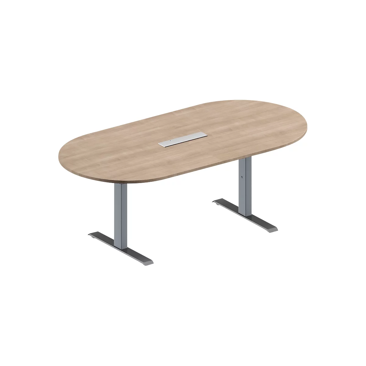 Schäfer Shop Genius Konferenztisch MODENA FLEX, 6-fach Anschluss, Oval, T-Fuß Rechteckrohr, B 2000 x T 1000 x H 650-850 mm, Eiche-Dekor/weißalu