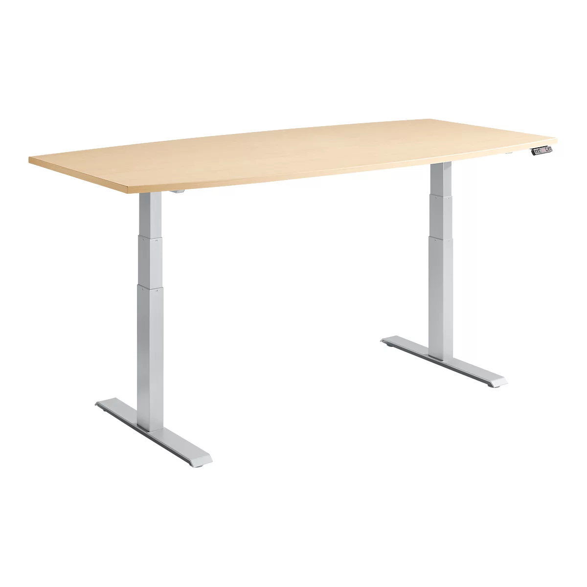 Schäfer Shop Genius Konferenztisch MODENA FLEX, elektrisch höhenverstellbar, Boot, T-Fuß, B 2000 x H 645-1290 mm, Ahorn/weißalu