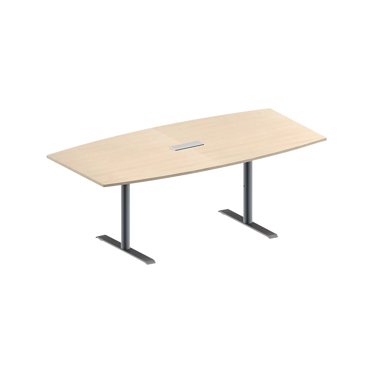 Ein heller, oval geformter Konferenztisch mit zwei grauen Säulenbeinen. Oben in der Tischmitte befindet sich eine silberne Einlassung.