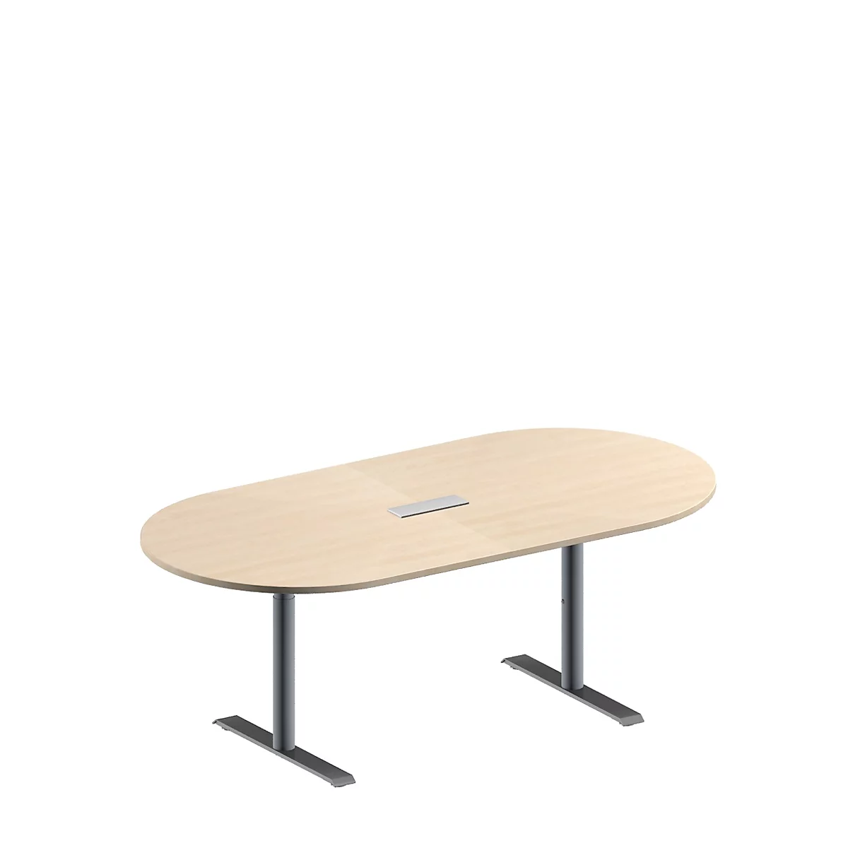 Schäfer Shop Genius Konferenztisch MODENA FLEX, Oval, T-Fuß Rundrohr, B 2000 x T 1000 x H 650-850 mm, Ahorn-Dekor/weißaluminium RAL 9006