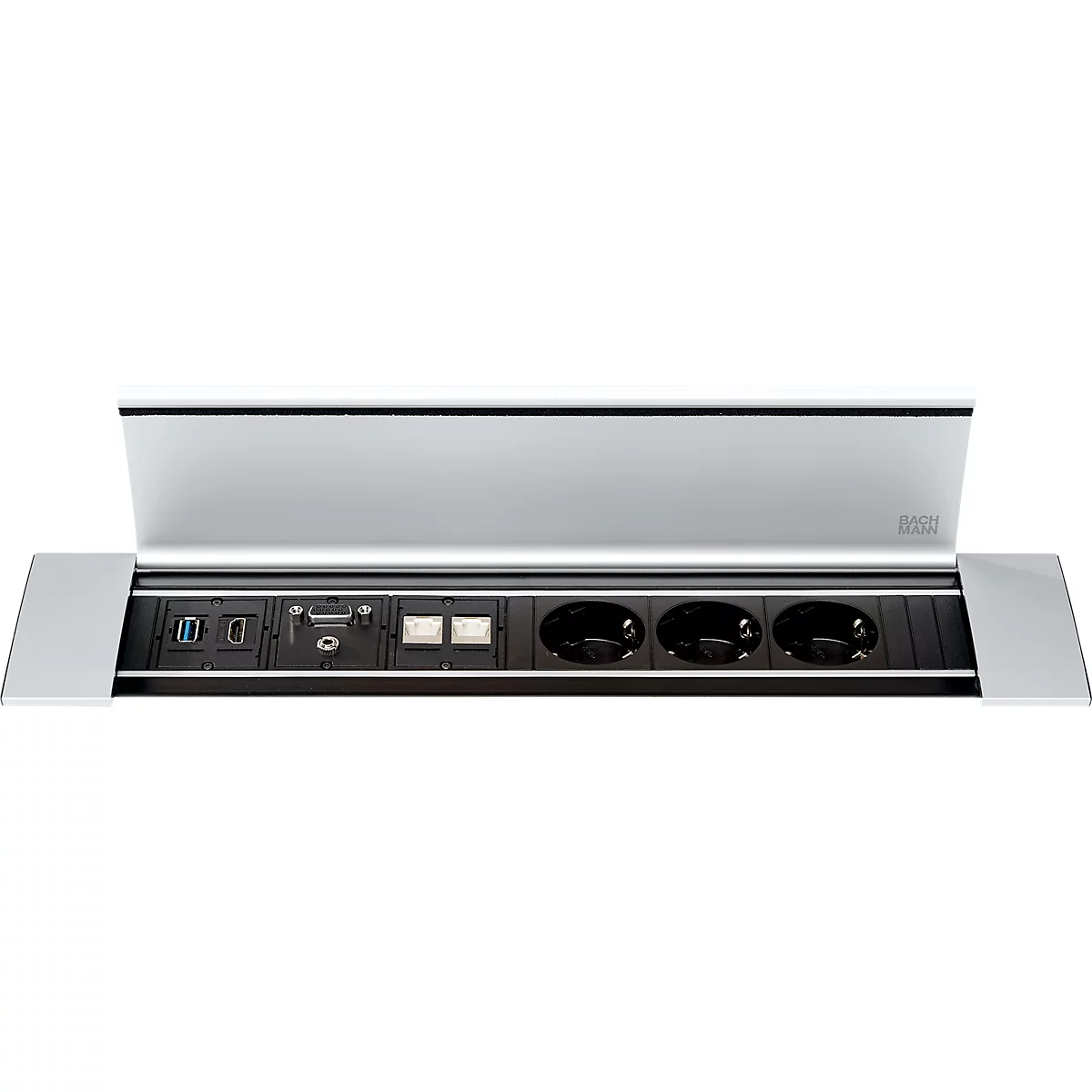 Silberfarbener Tischanschluss mit Steckdosen, USB, HDMI und weiteren Anschlüssen. Die obere Abdeckung ist geöffnet.