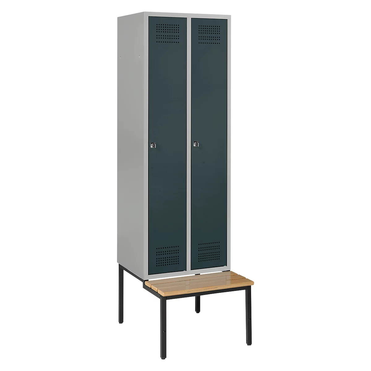 Grey-green locker with bench. Both doors have ventilation slots and a handle.