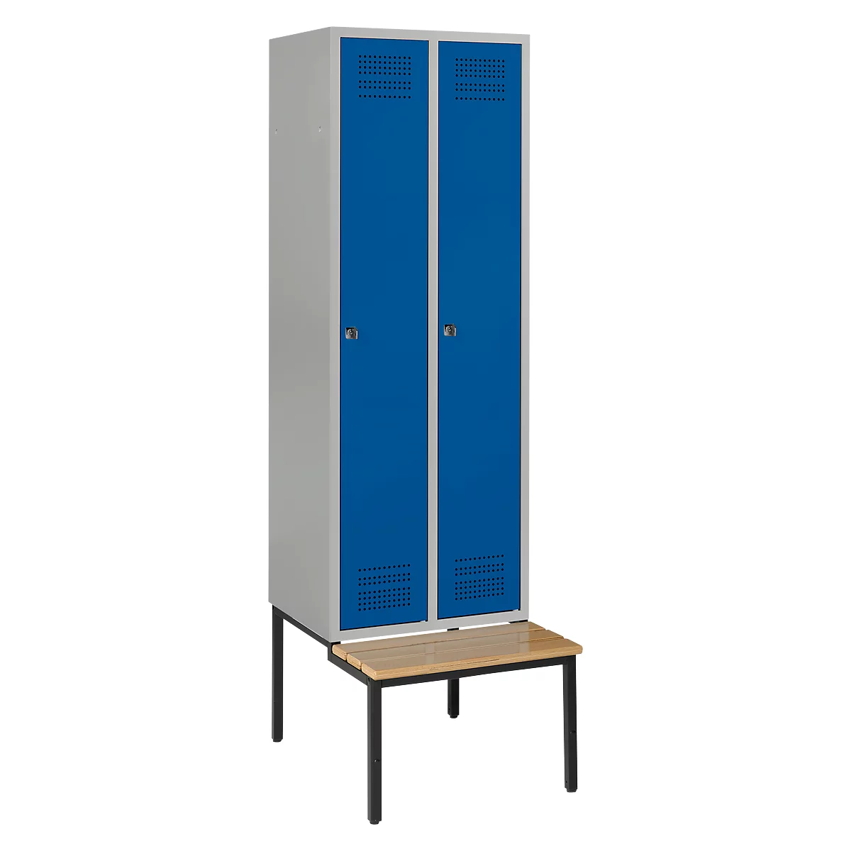 Double locker with two blue doors. There is a wooden bench with a black frame below.