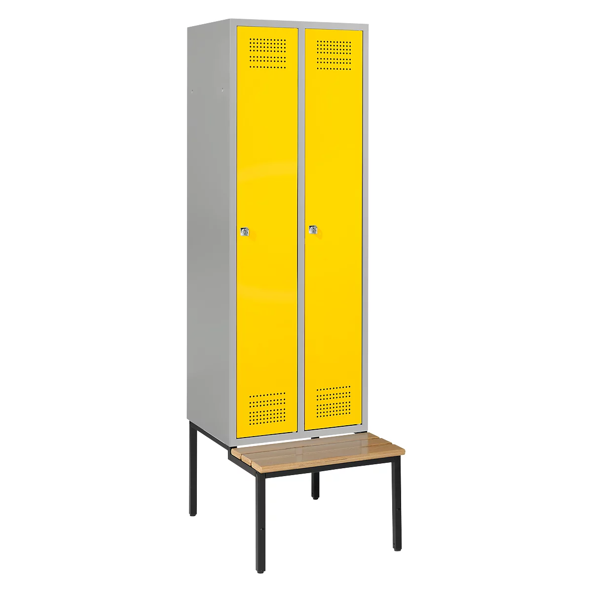 Grey and yellow locker with two doors, with a bench on black legs below.