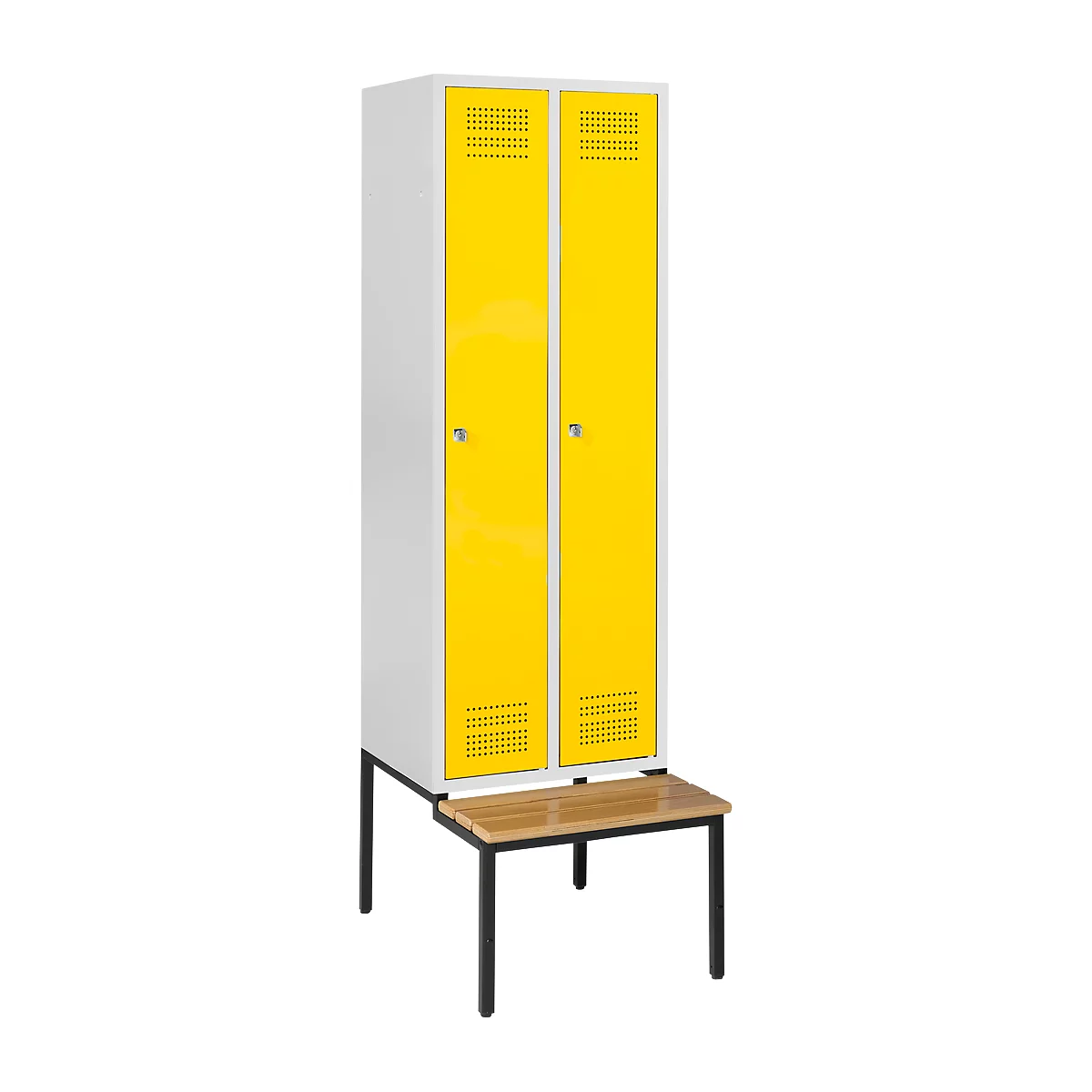 A white and yellow locker with a bench against a neutral background. The doors are yellow, the cabinet and the bench are white.