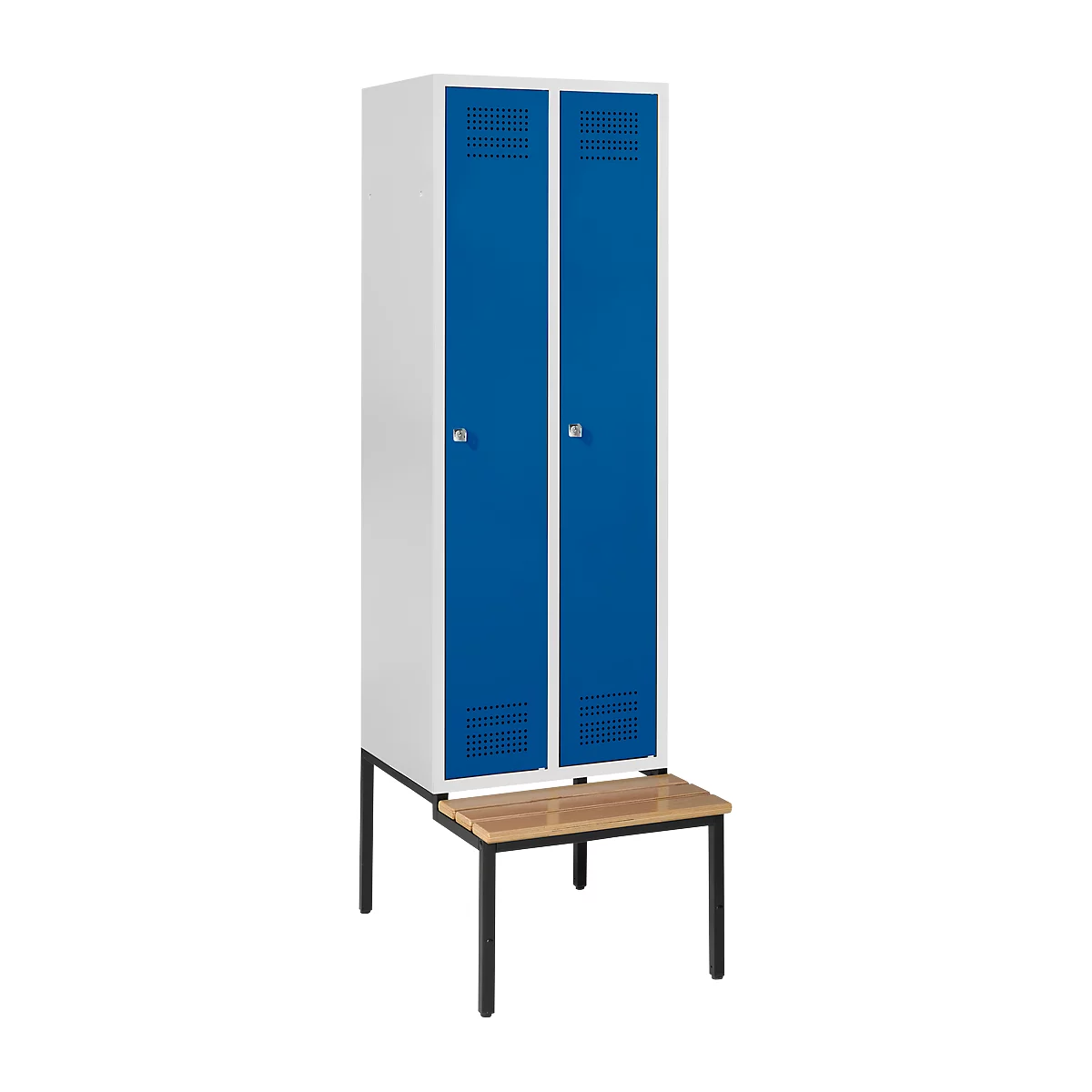 A white cabinet with two blue doors, on a brown bench with black legs.