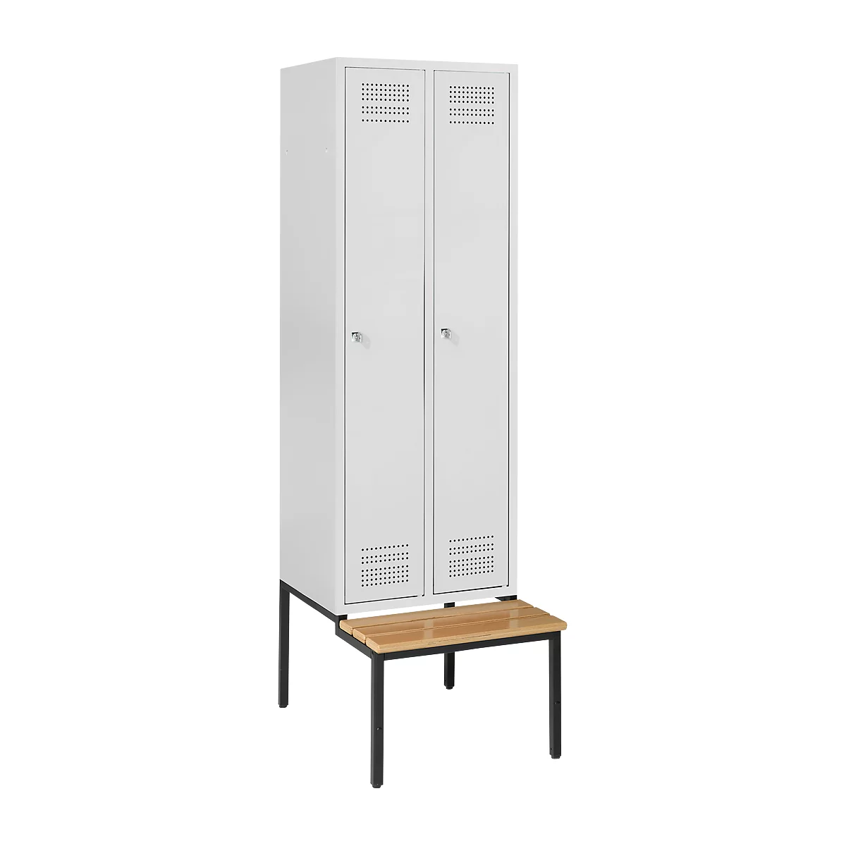 White locker with two doors, above a wooden bench. The locker has ventilation slots and small knobs.
