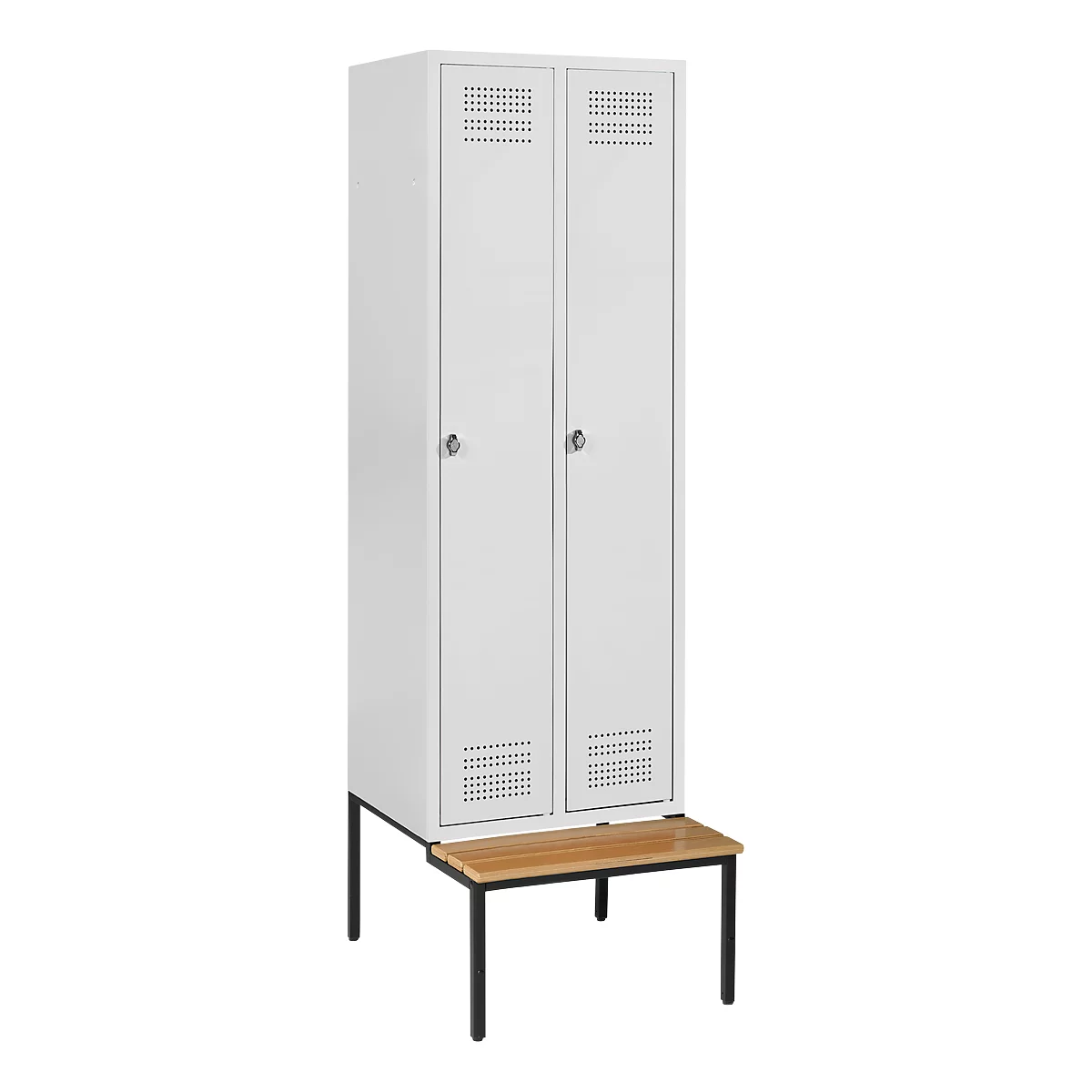 A white locker with two doors and ventilation holes. Underneath is a brown seat on black legs.