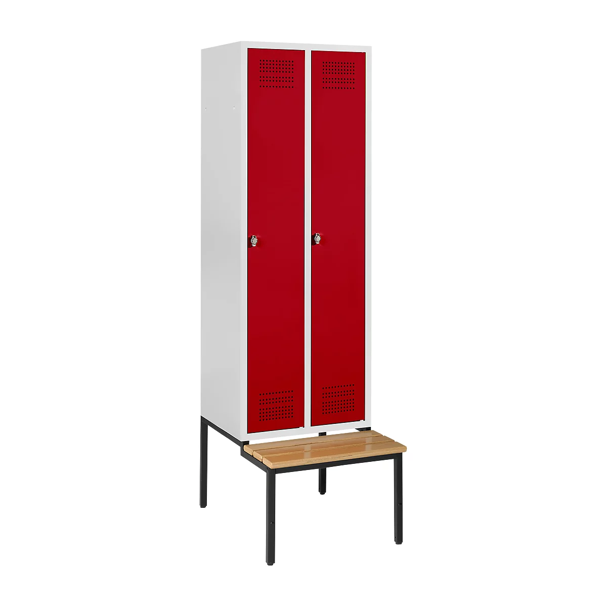 A white locker with two red doors. Below, a brown bench with black legs.