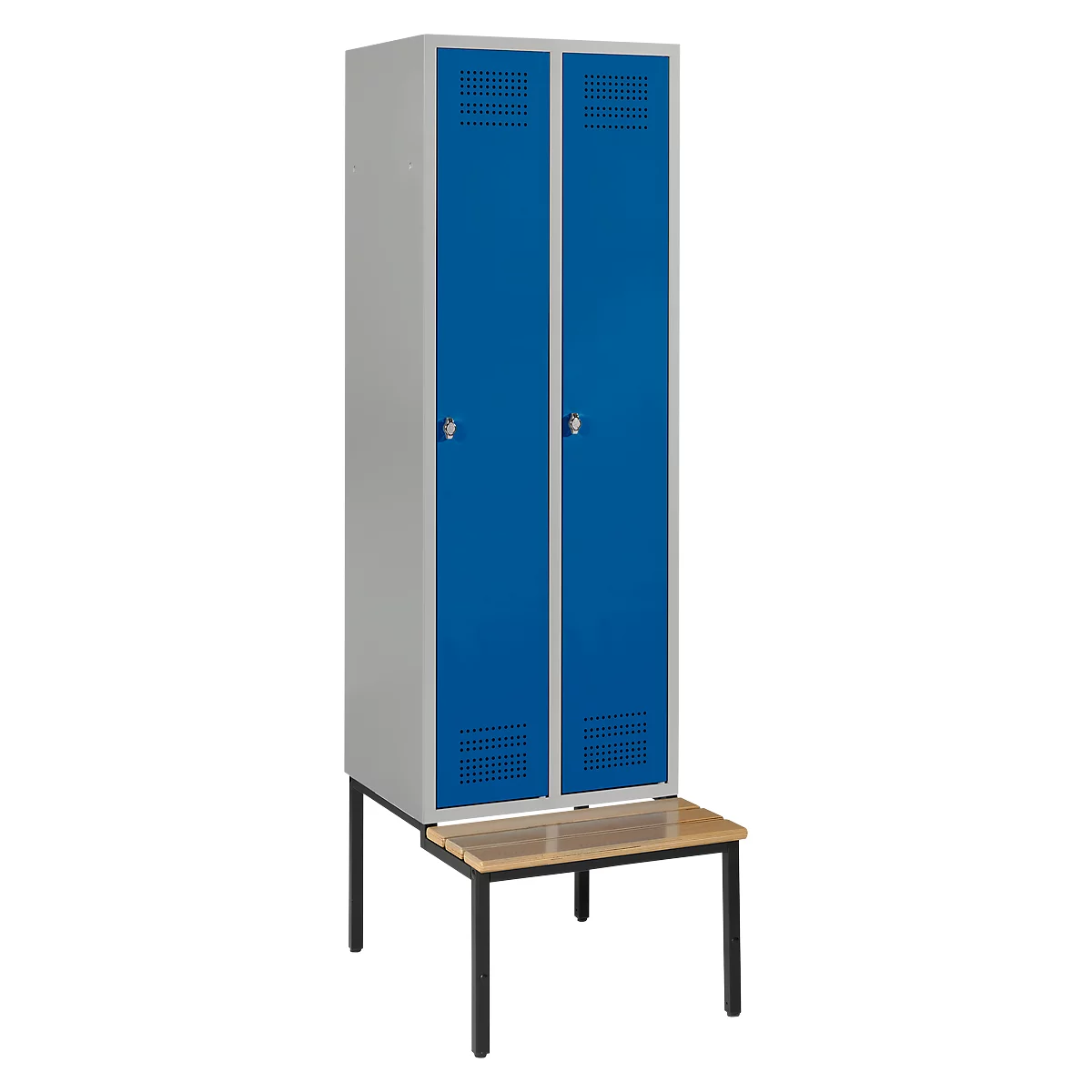 A blue locker with two doors, standing on a bench with black legs.
