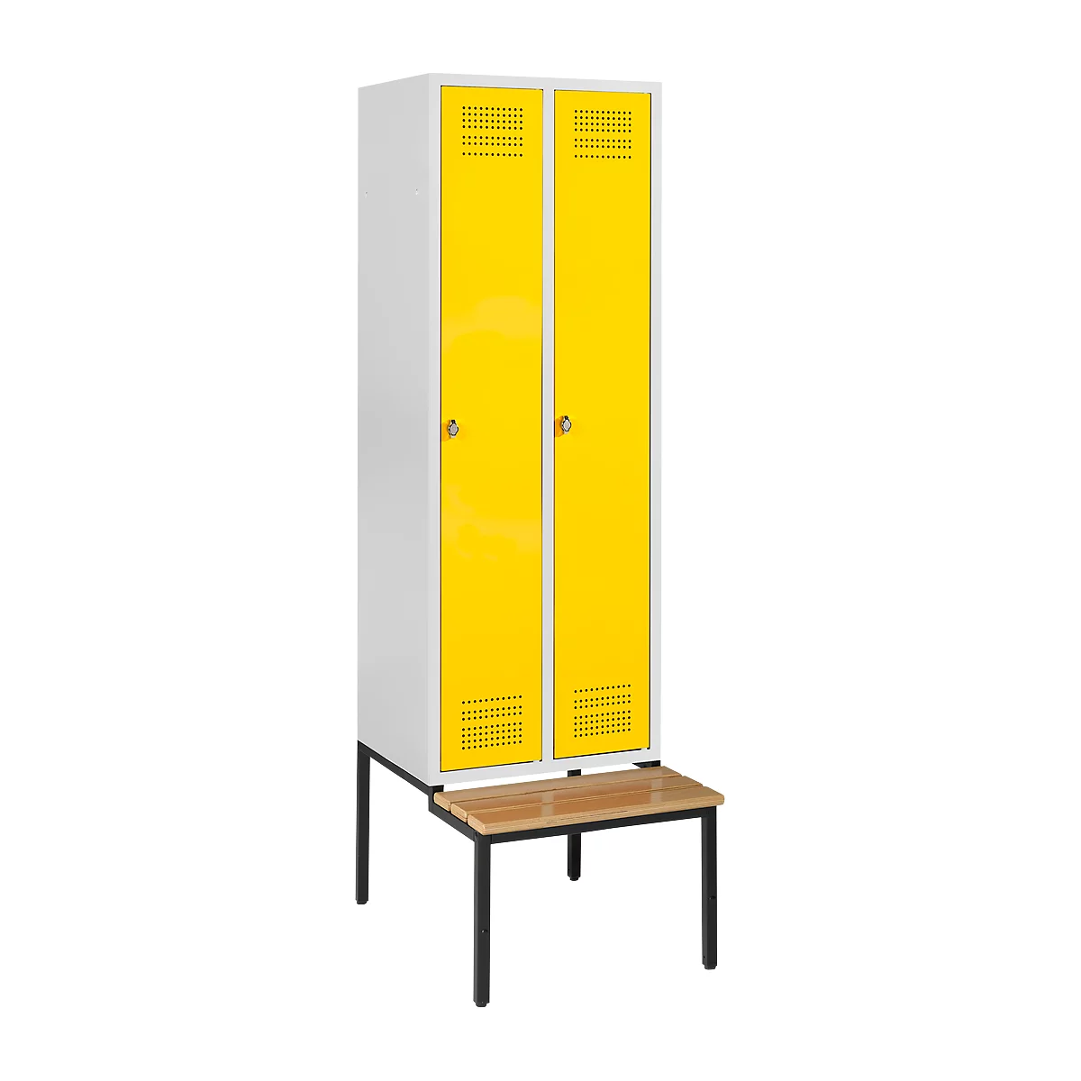 White locker with yellow doors and holes. Below is a brown bench with black legs.