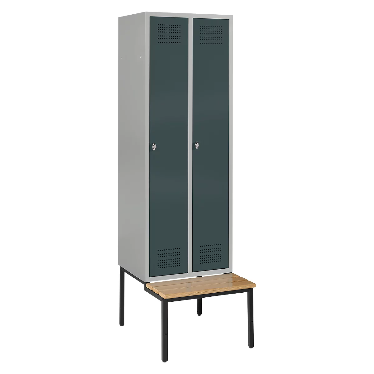 Gray-dark green locker with two doors, below a bench.