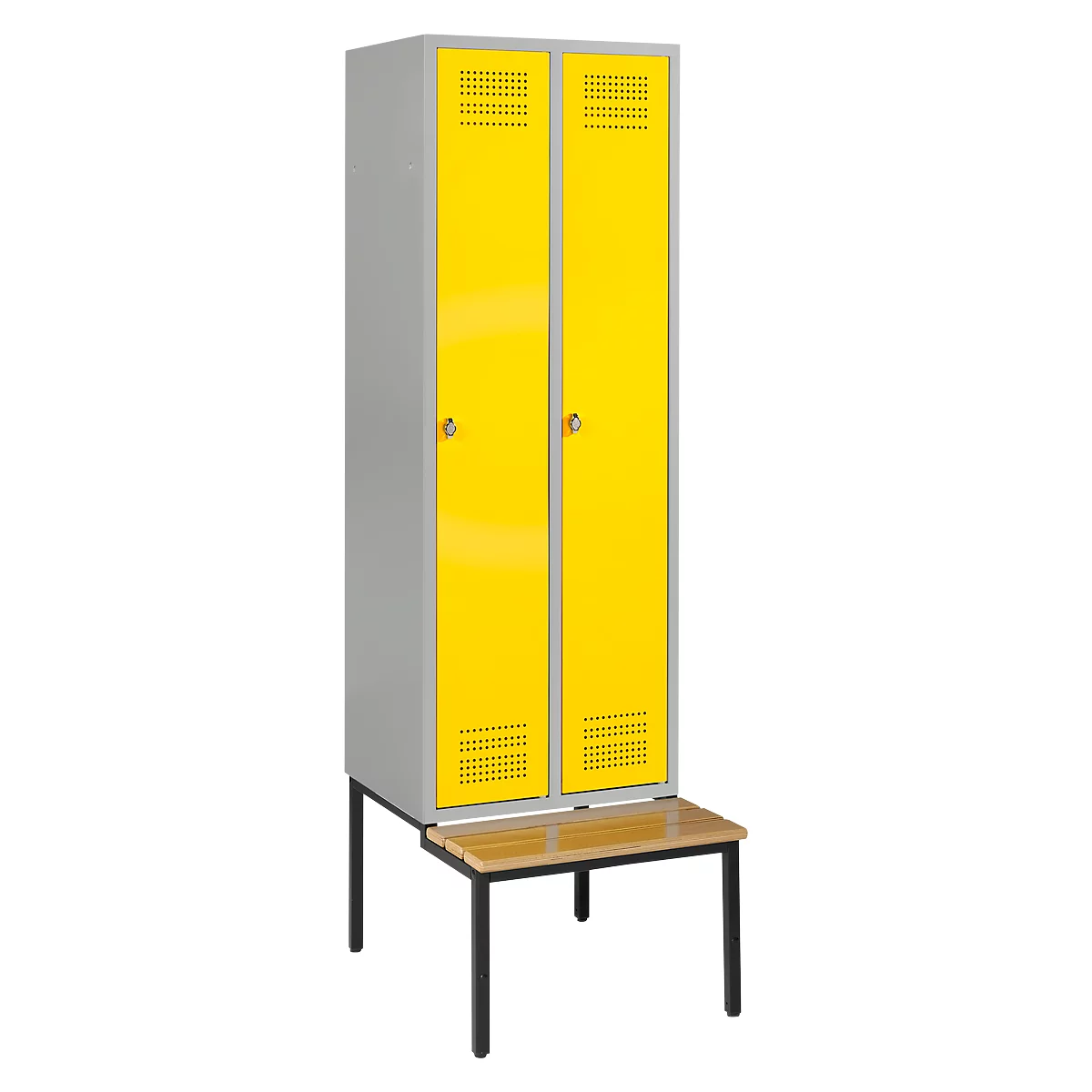 Grey locker with yellow doors, beneath it a brown bench with black legs.
