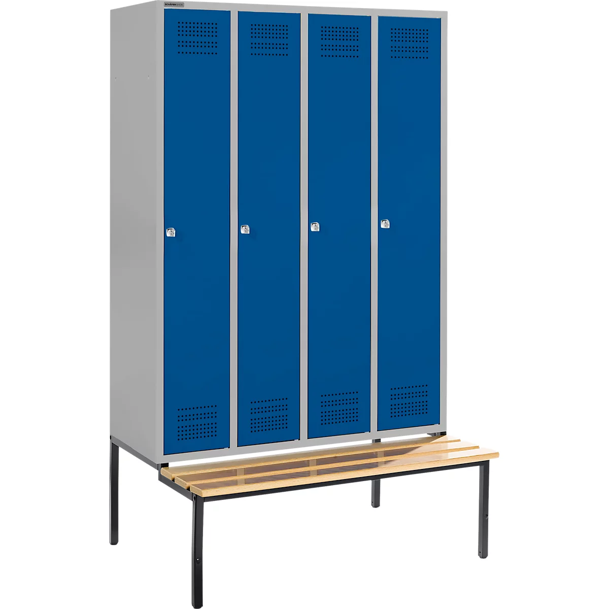Locker with four blue doors and a wooden bench.