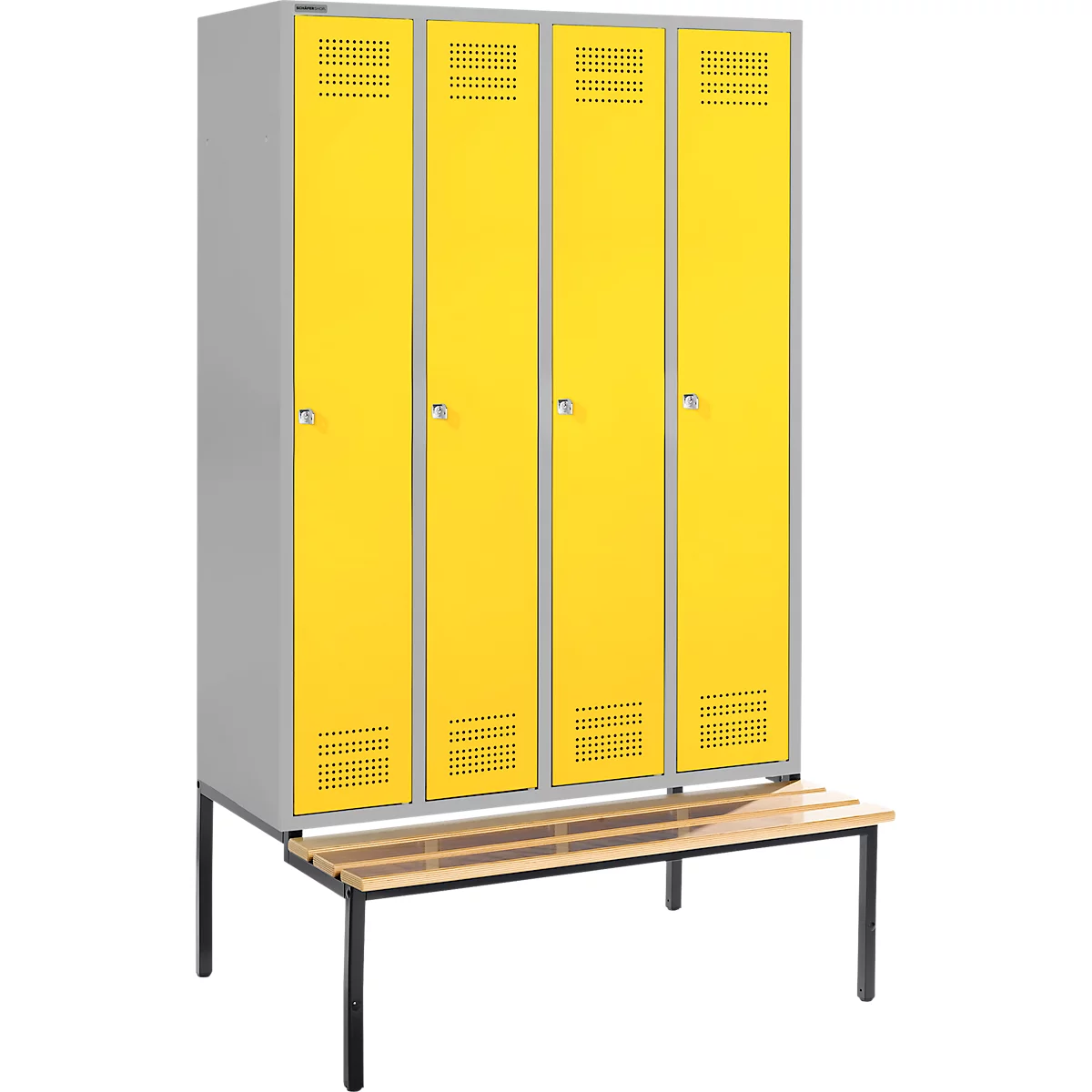 A locker with four yellow doors and a bench in front.