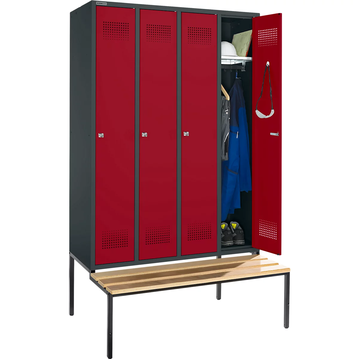 Red lockers, one open, with clothes and helmet. A bench below.