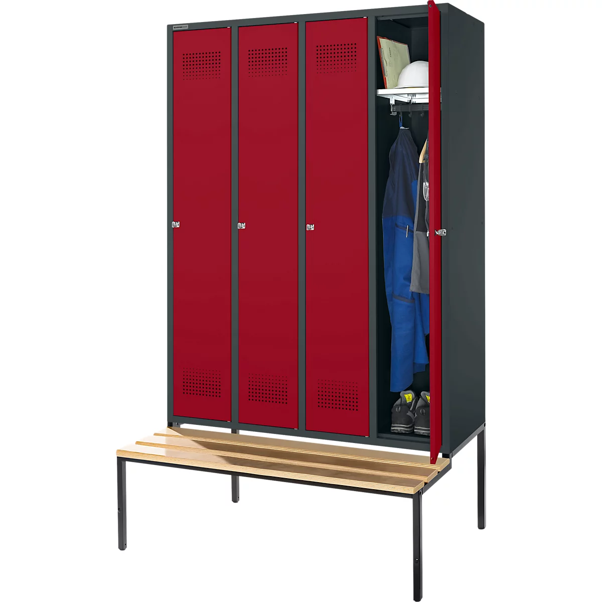 Red locker with three doors, one open. Shoes and clothes in the locker, on a bench in front.