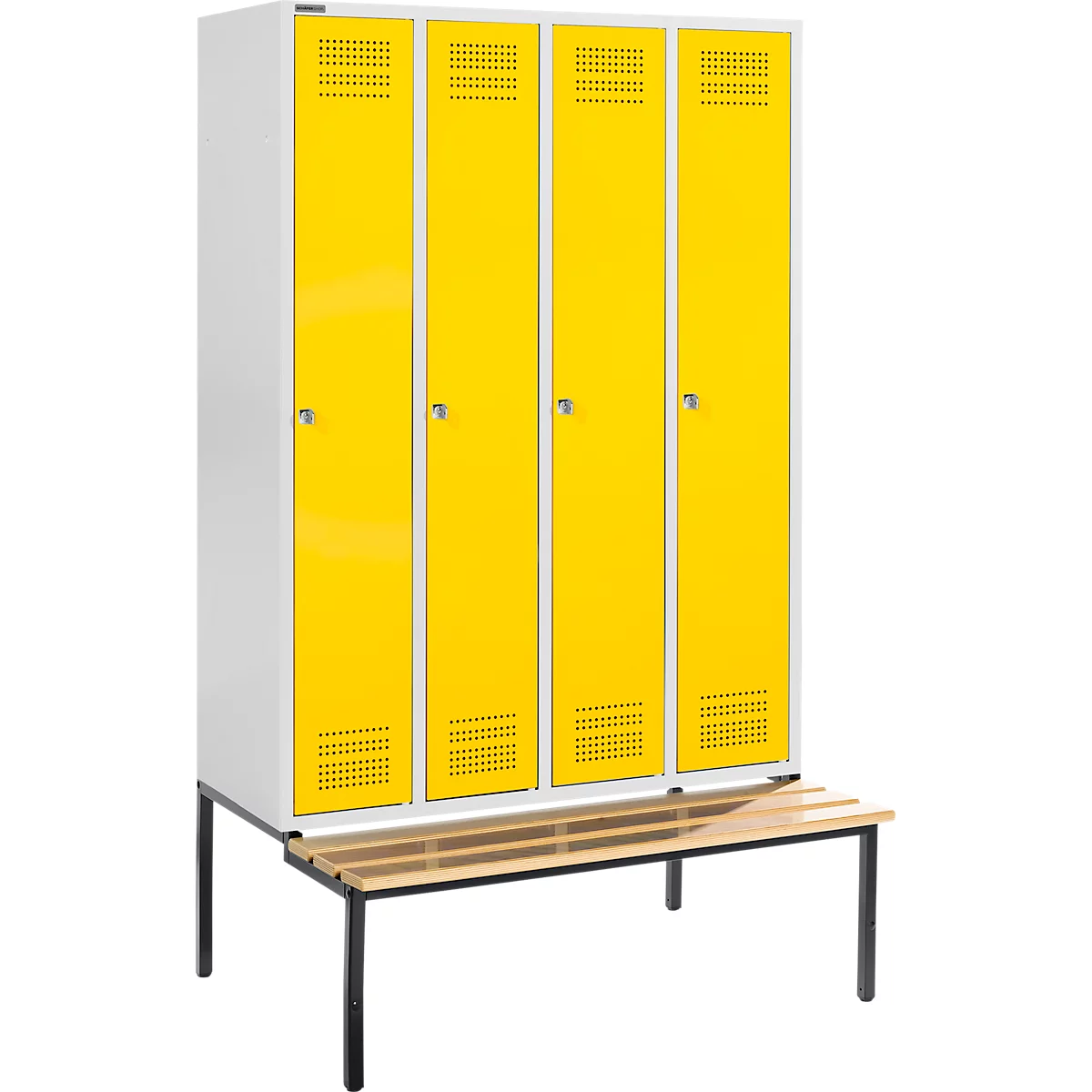 Yellow lockers with ventilation slots, next to a bench with wooden slats and black legs.