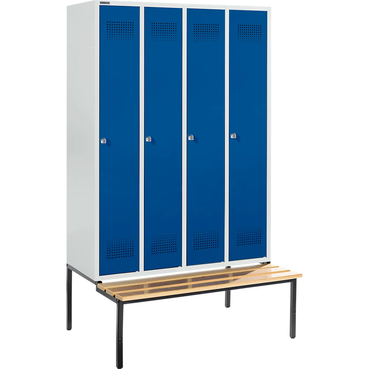 A locker with four blue doors, below it a wooden bench with a black frame.