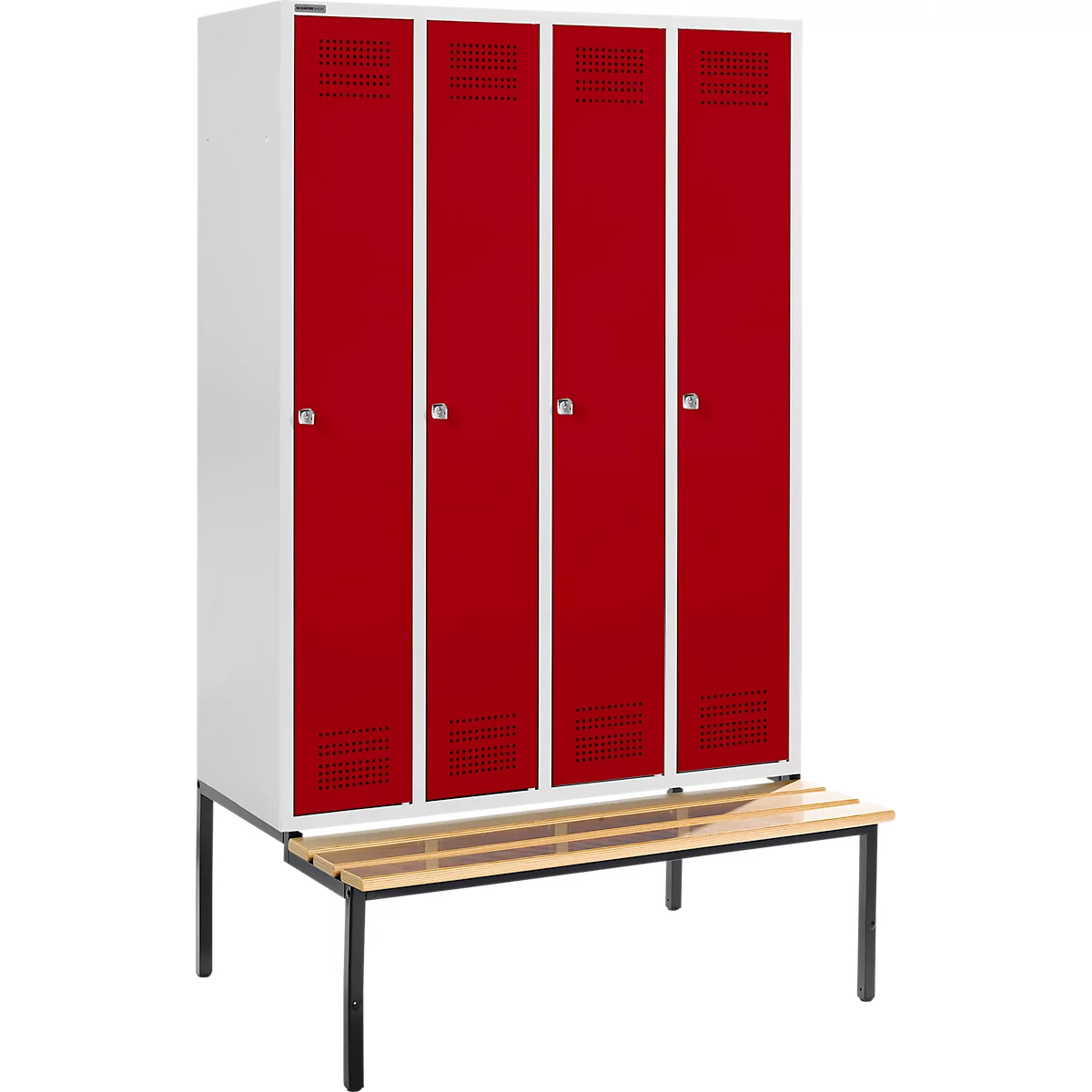 Locker with four red doors, white frame, and a bench.