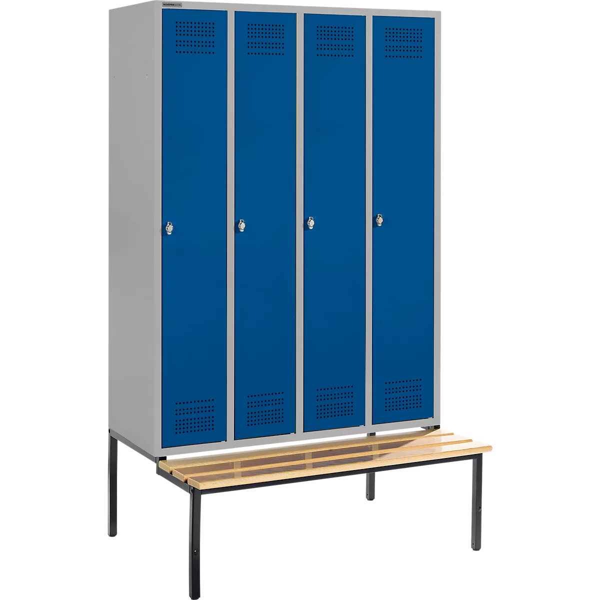 A blue locker with four doors and a wooden bench below.