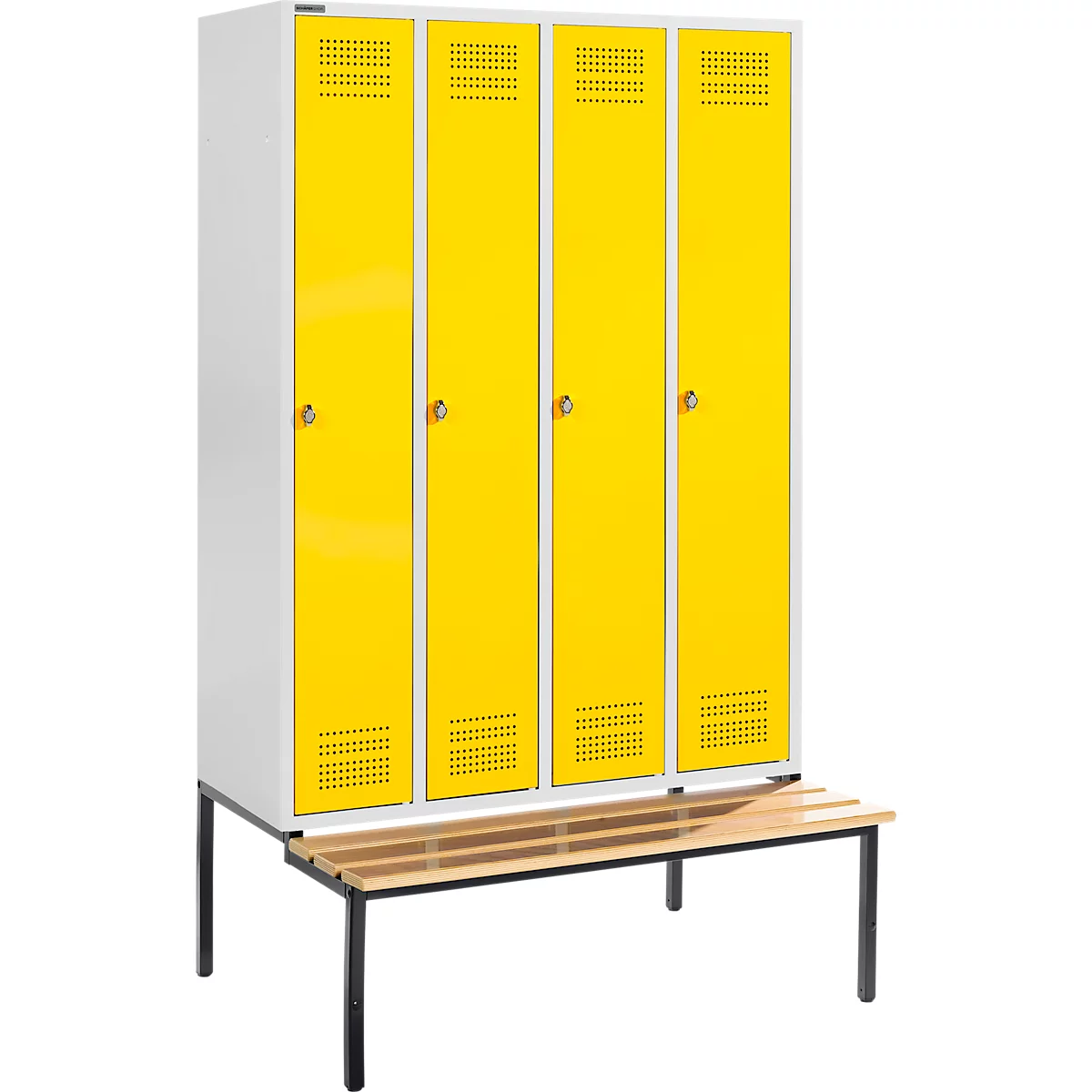 A locker with four yellow doors and a wooden bench in front.