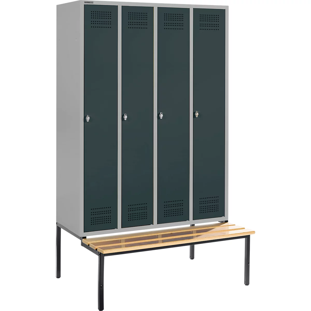 Gray locker with four doors and a bench in front. The doors have ventilation slots and a handle.