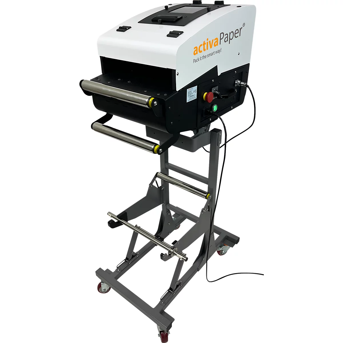 Machine blanche et noire sur un support gris avec des rouleaux. Texte "activaPaper" à droite.