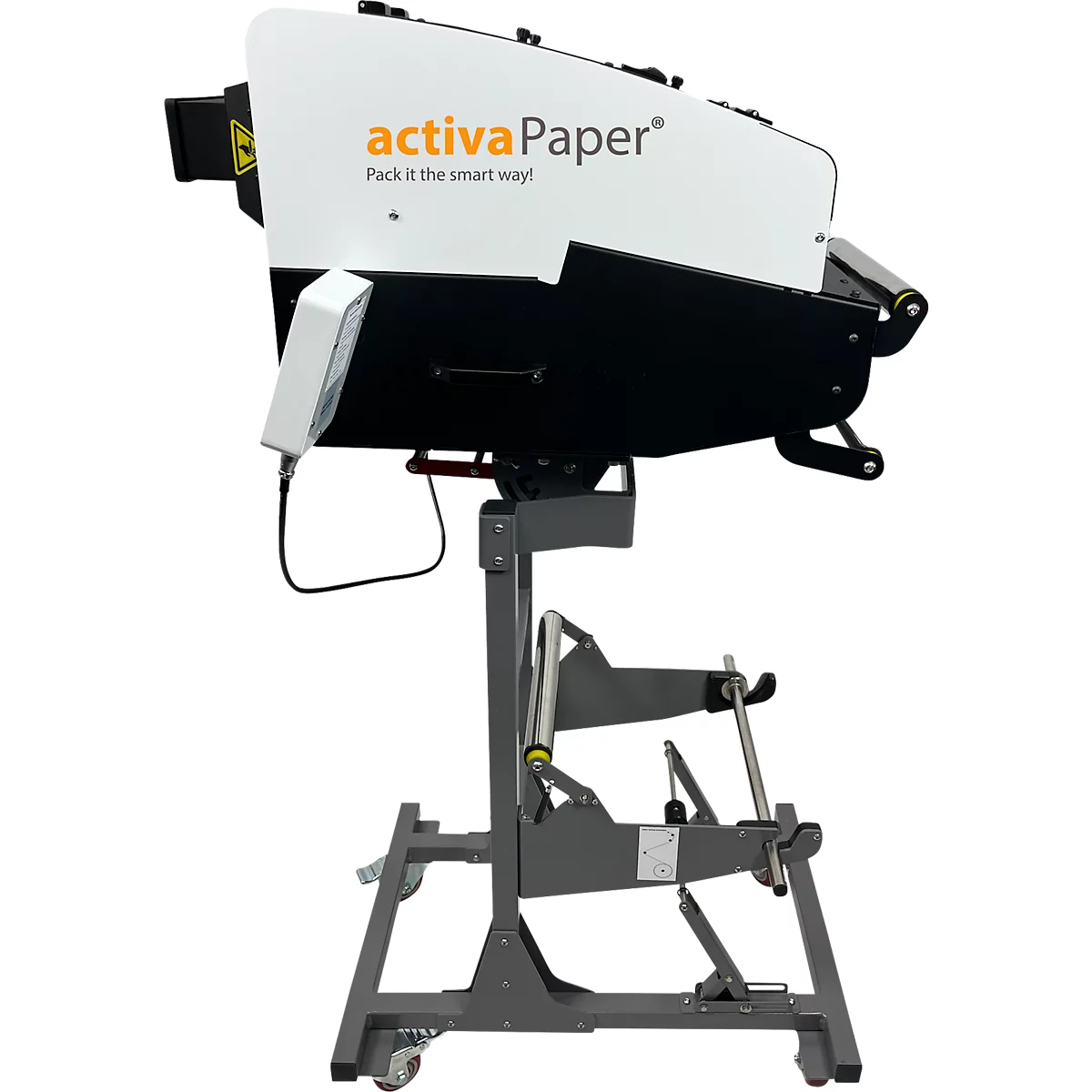 Machine d'emballage blanche et noire avec le logo 'activaPaper', Pack it the smart way.