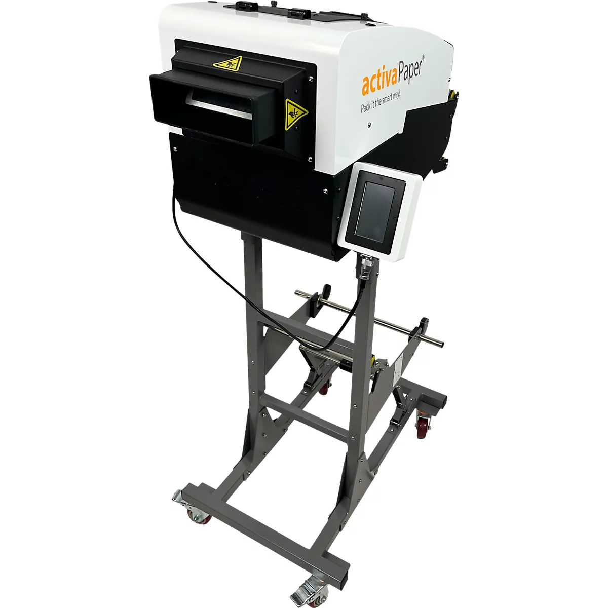 Une machine d'emballage de papier blanche et noire sur un cadre métallique. Un écran est visible sur l'appareil.