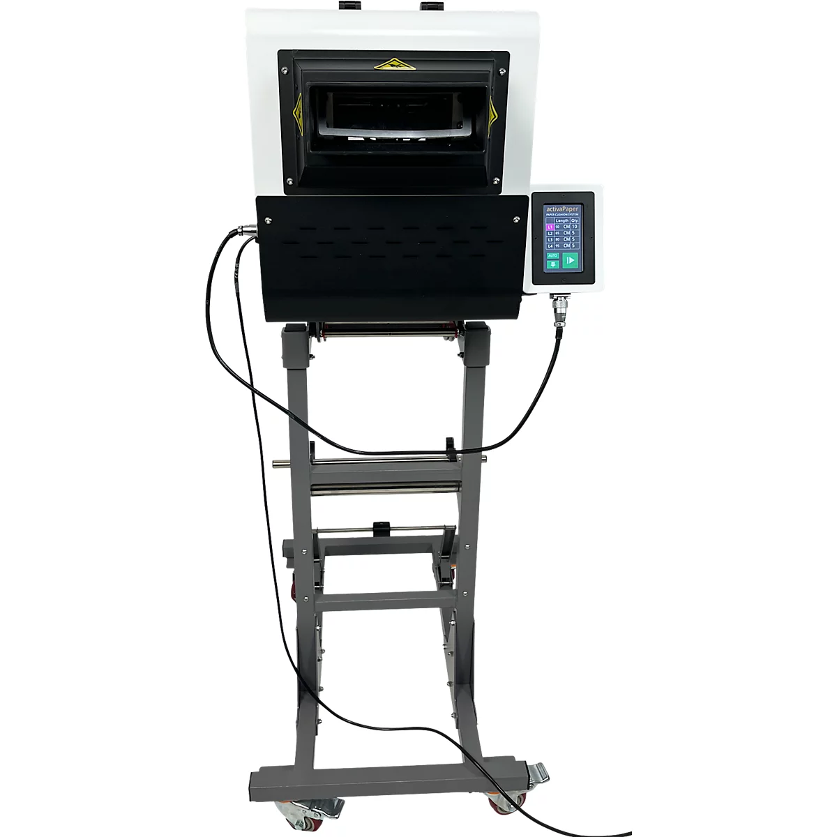 Four industriel blanc avec porte ouverte. Panneau de contrôle noir, écran à droite. Monté sur un cadre gris avec roulettes.