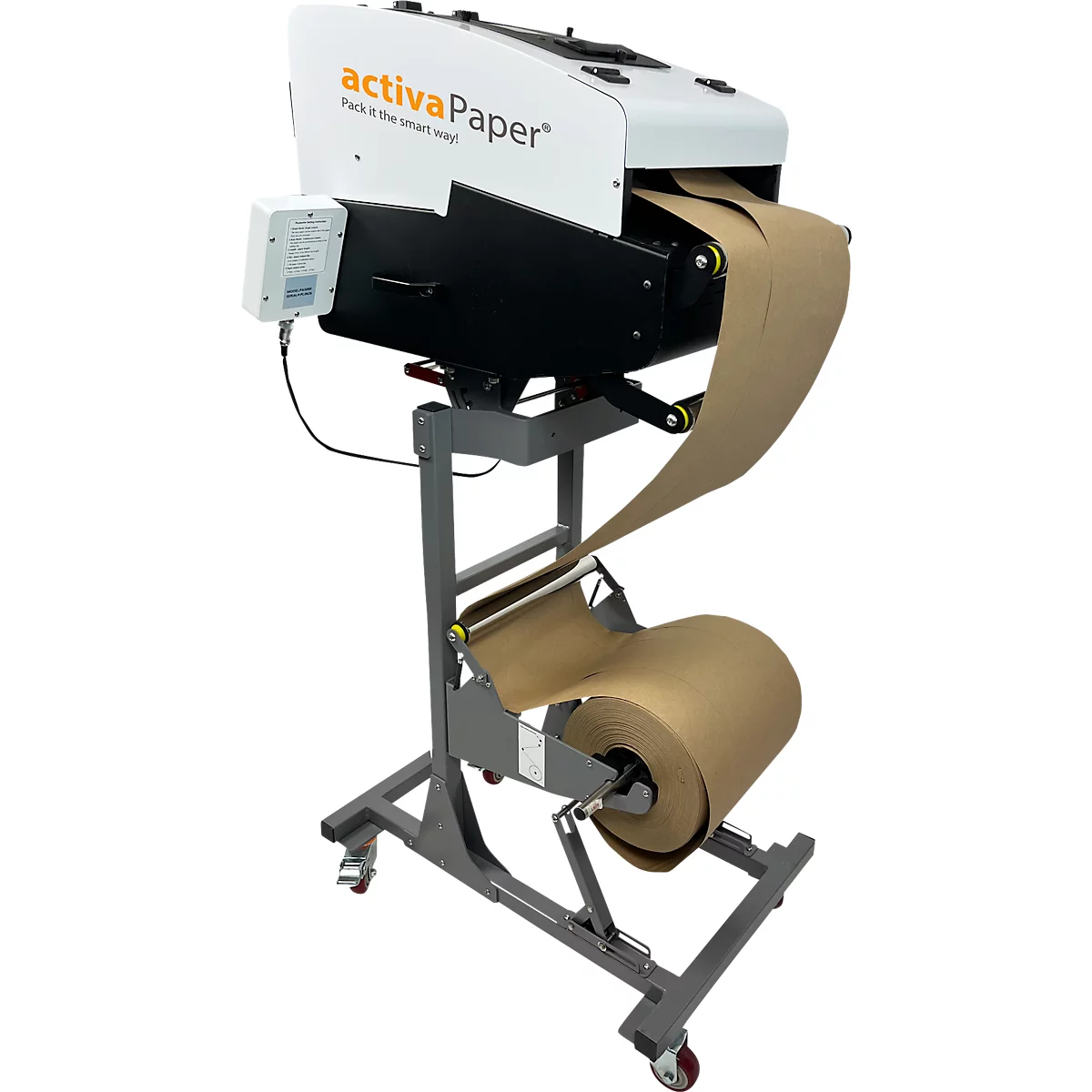 Du papier brun est déroulé d'une machine posée sur un support gris. La machine porte la mention 'activaPaper'.