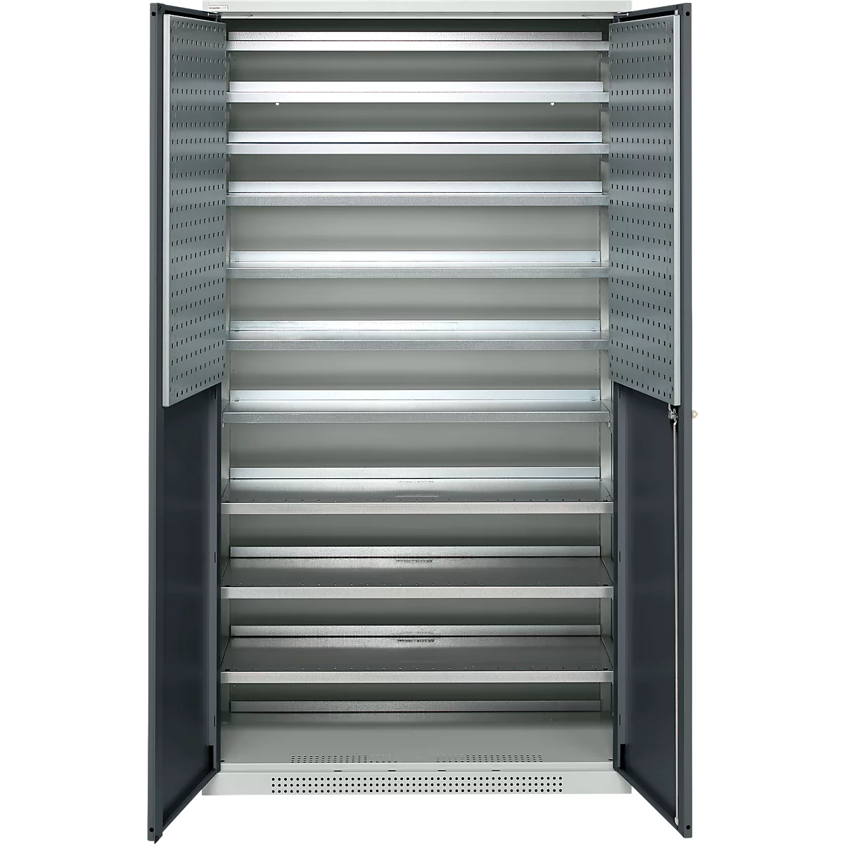 Schäfer Shop Genius Magazinschrank FS, 5 OH, abschließbar, 10 Fachböden, 2 Lochrasterplatten, bis 450 kg, B 1055 x T 520 x H 1950 mm, lichtgrau/anthrazitgrau