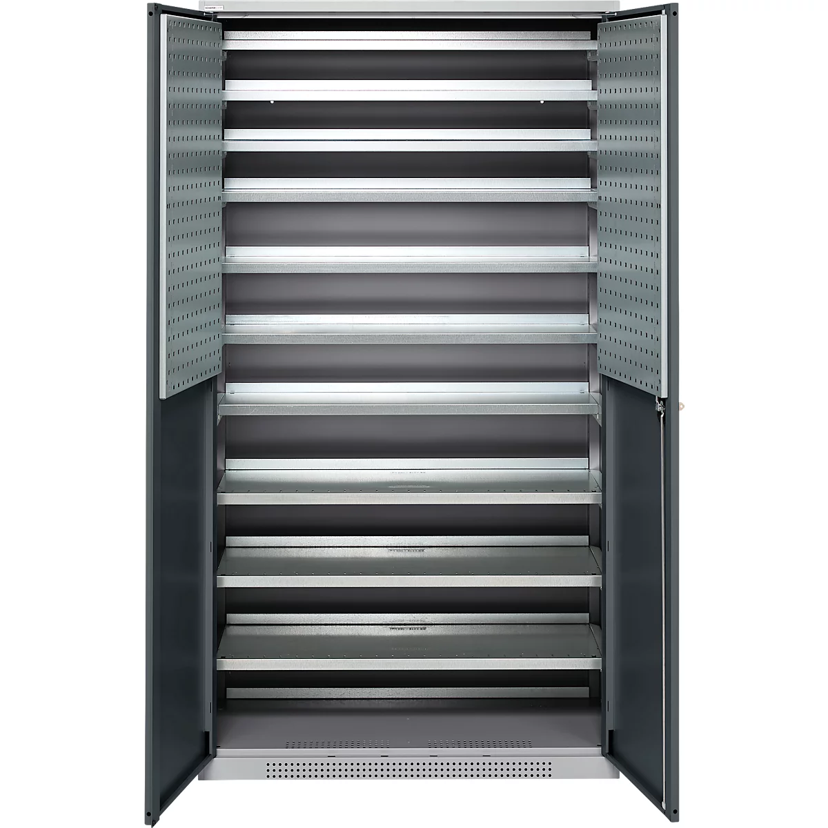 Schäfer Shop Genius Magazinschrank FS, 5 OH, abschließbar, 10 Fachböden, 2 Lochrasterplatten, bis 450 kg, B 1055 x T 520 x H 1950 mm, weißalu/anthrazitgrau