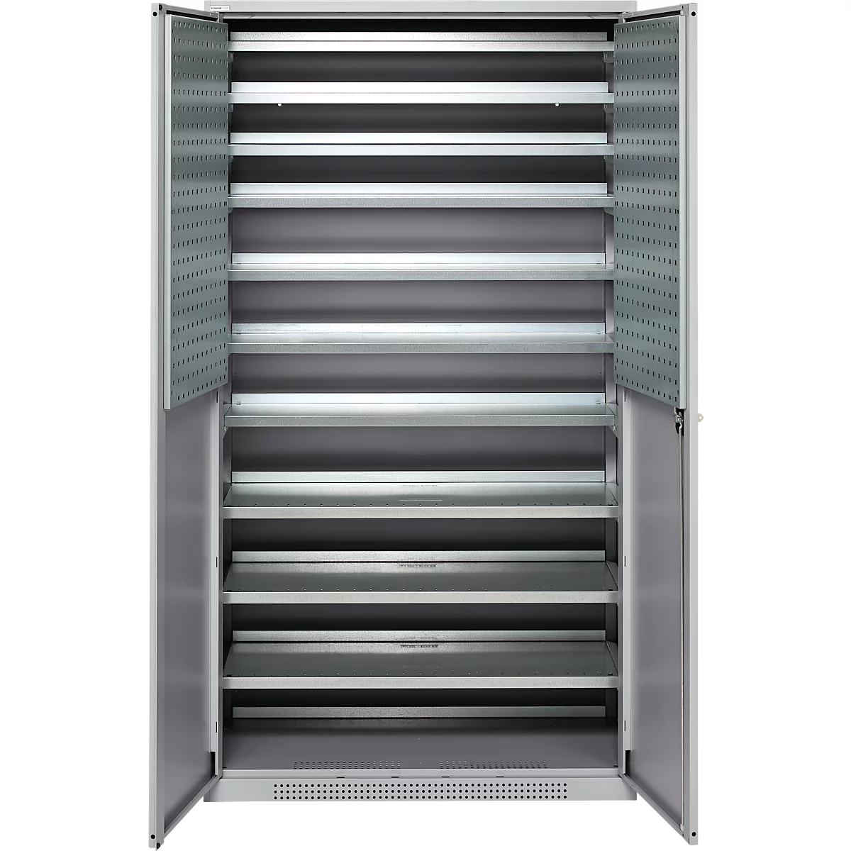 Schäfer Shop Genius Magazinschrank FS, 5 OH, abschließbar, 10 Fachböden, 2 Lochrasterplatten, bis 450 kg, B 1055 x T 520 x H 1950 mm, weißalu/weißalu