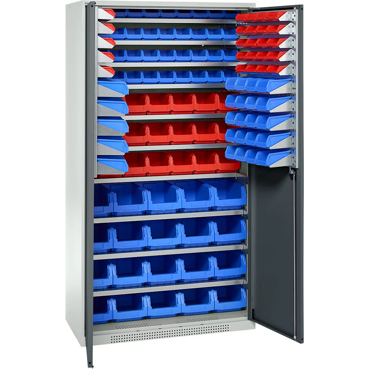 Offener Werkzeugschrank mit blauen und roten Behältern in verschiedenen Größen.