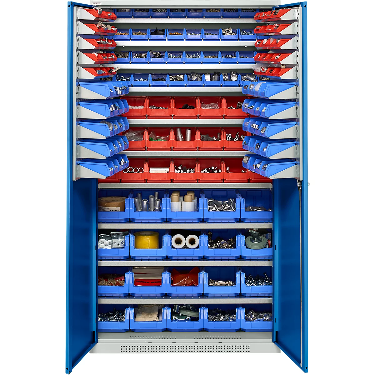 Blauer Werkzeugschrank mit geöffneten Türen. Innen viele blaue und rote Boxen mit Werkzeugteilen.