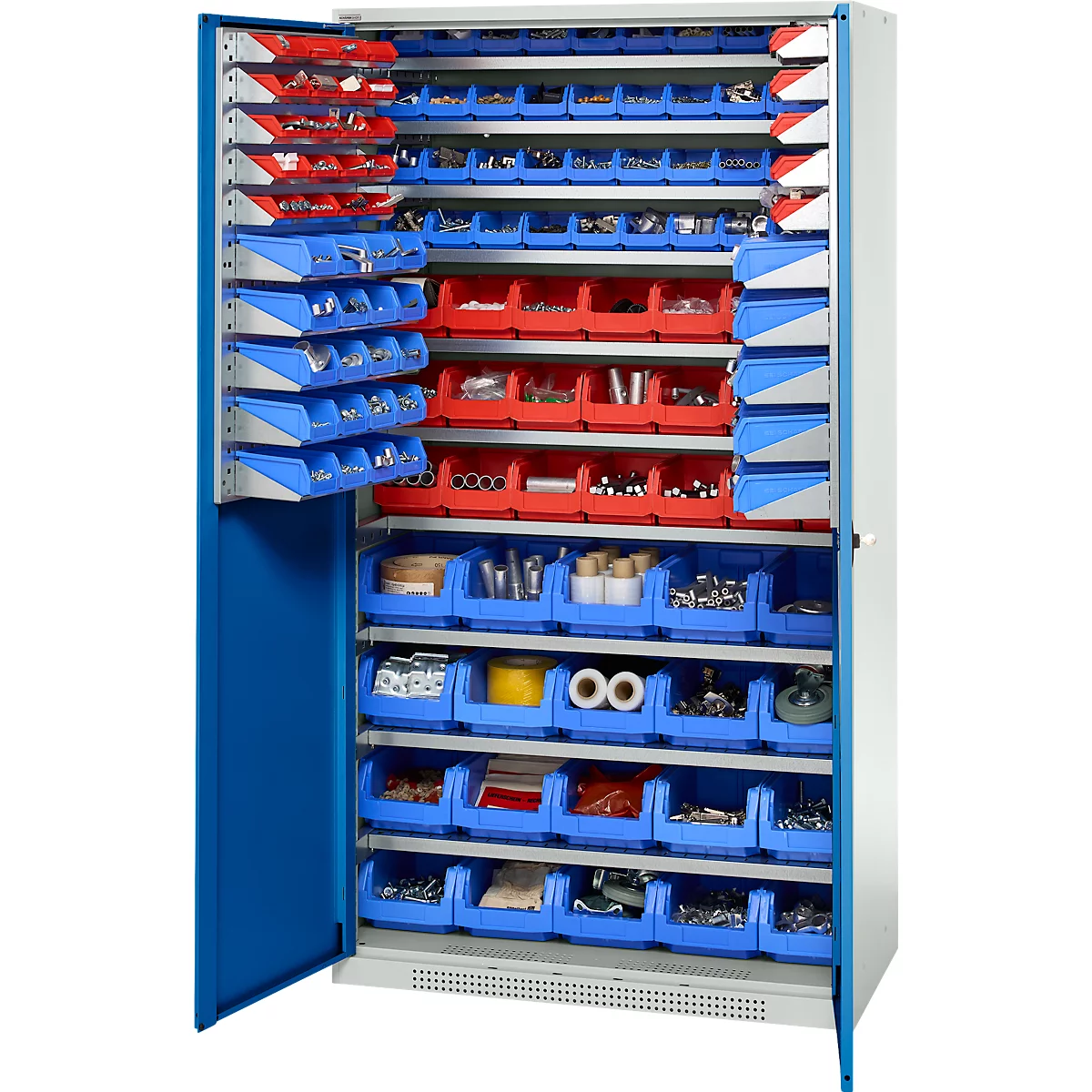 Werkzeugschrank mit blauen und roten Schubladen, gefüllt mit Werkzeugen und Kleinteilen.