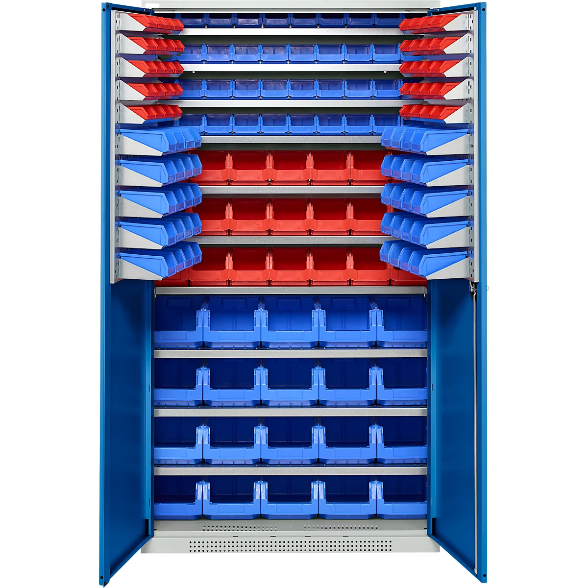 Blaue und rote Kunststoffbehälter in einem blauen Schrank, die zur Aufbewahrung von Kleinteilen dienen.