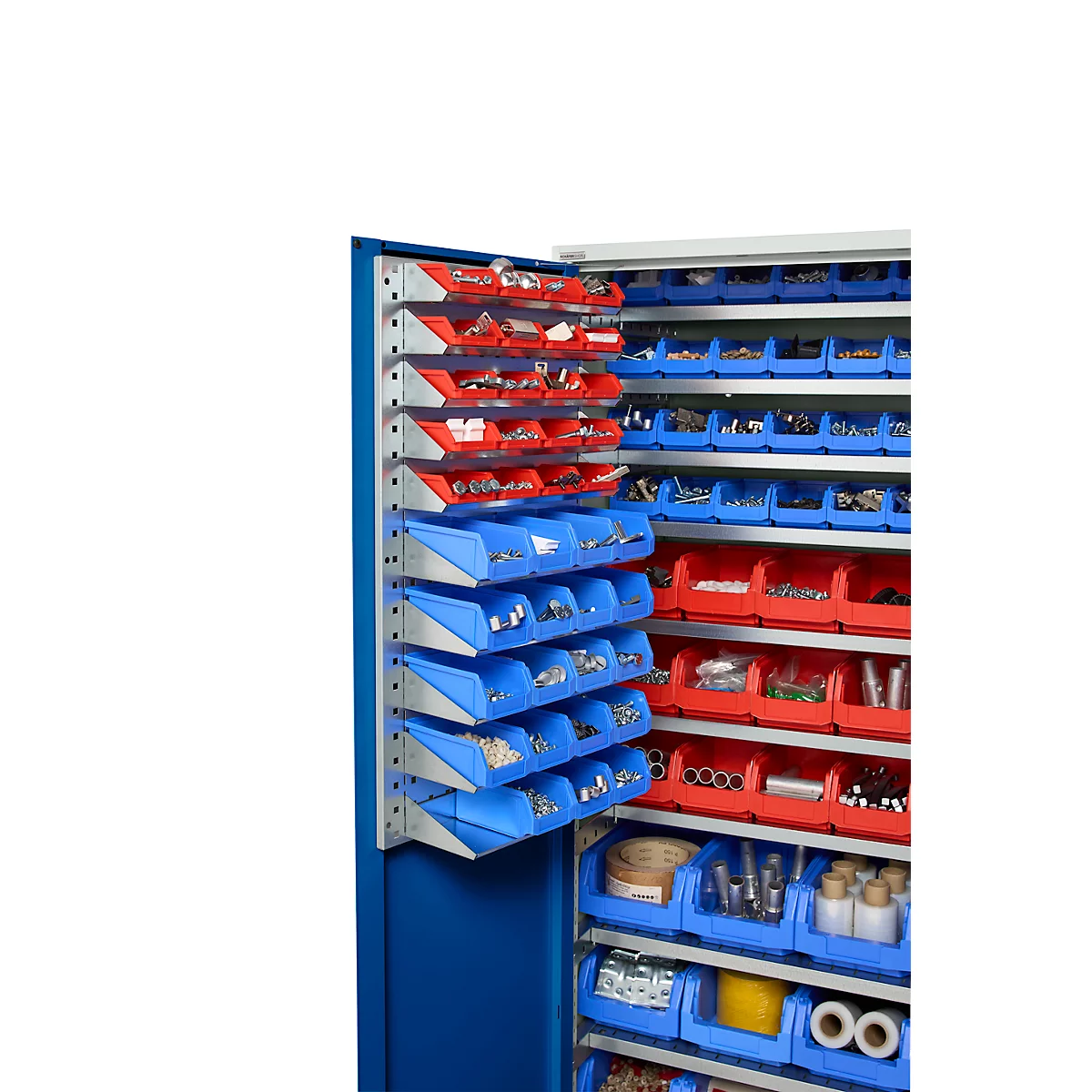 Ein blauer Werkzeugschrank mit offenen Schubladen, gefüllt mit Werkzeugen. Rote und blaue Behälter sind an den Innenseiten angebracht.