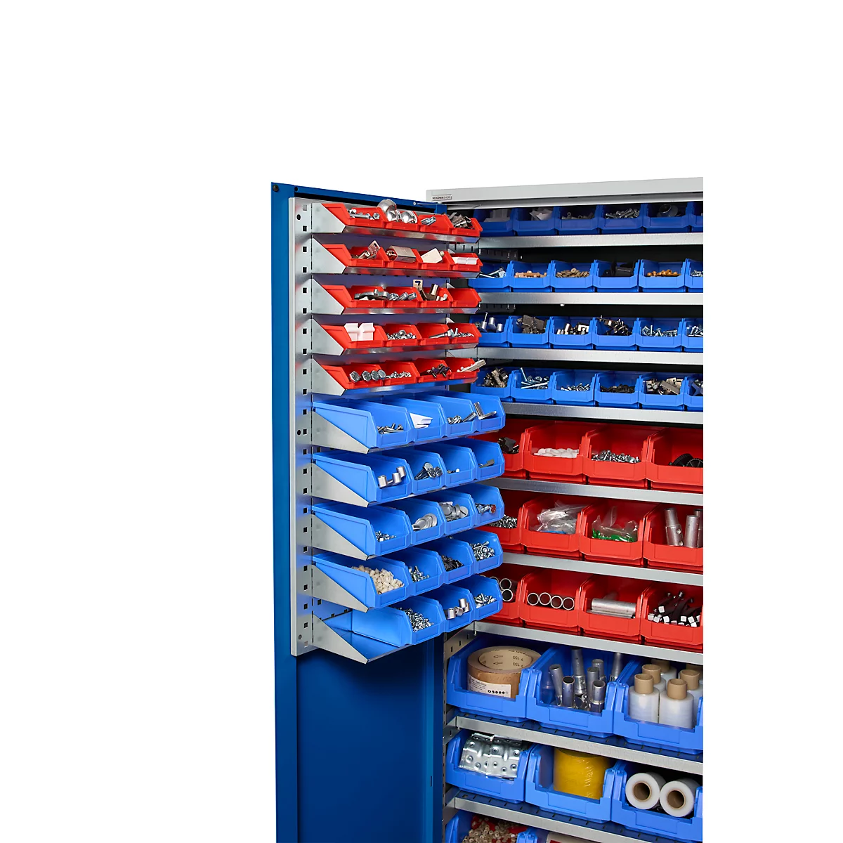 Blaues und rotes Regalsystem mit Kleinteilen. Ein Regal ist aufgeklappt.